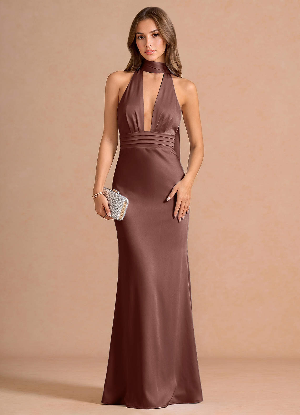 Linnea A-Line V-Neck Stretch Satin Evening Dress in Mocha Coco
