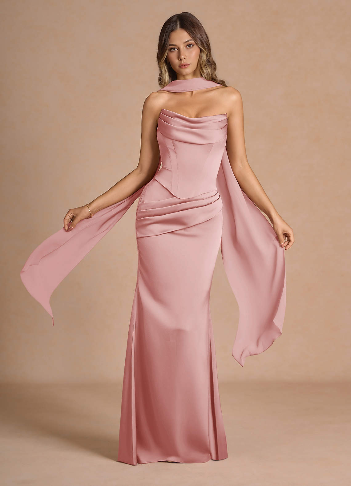 Sorrel Mermaid Corset Stretch Satin Evening Set in Haze Pink