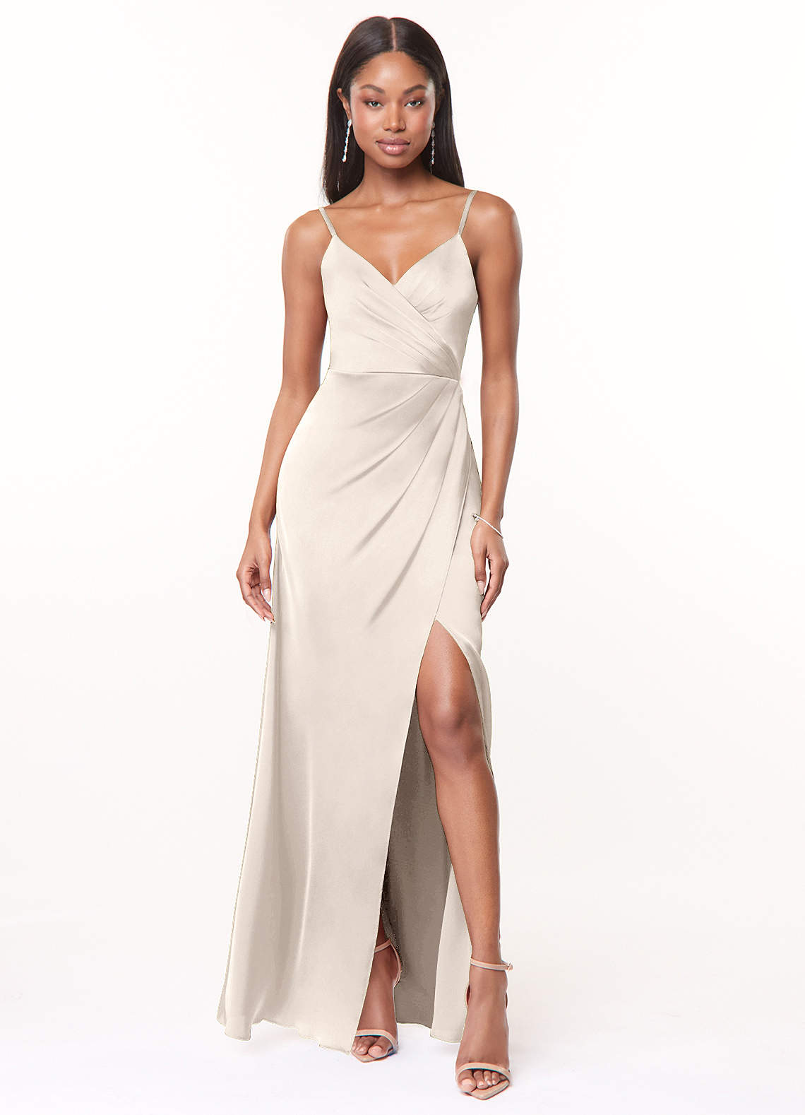 Maci A-Line V-Neck Stretch Satin Bridesmaid Dress in White Alabaster