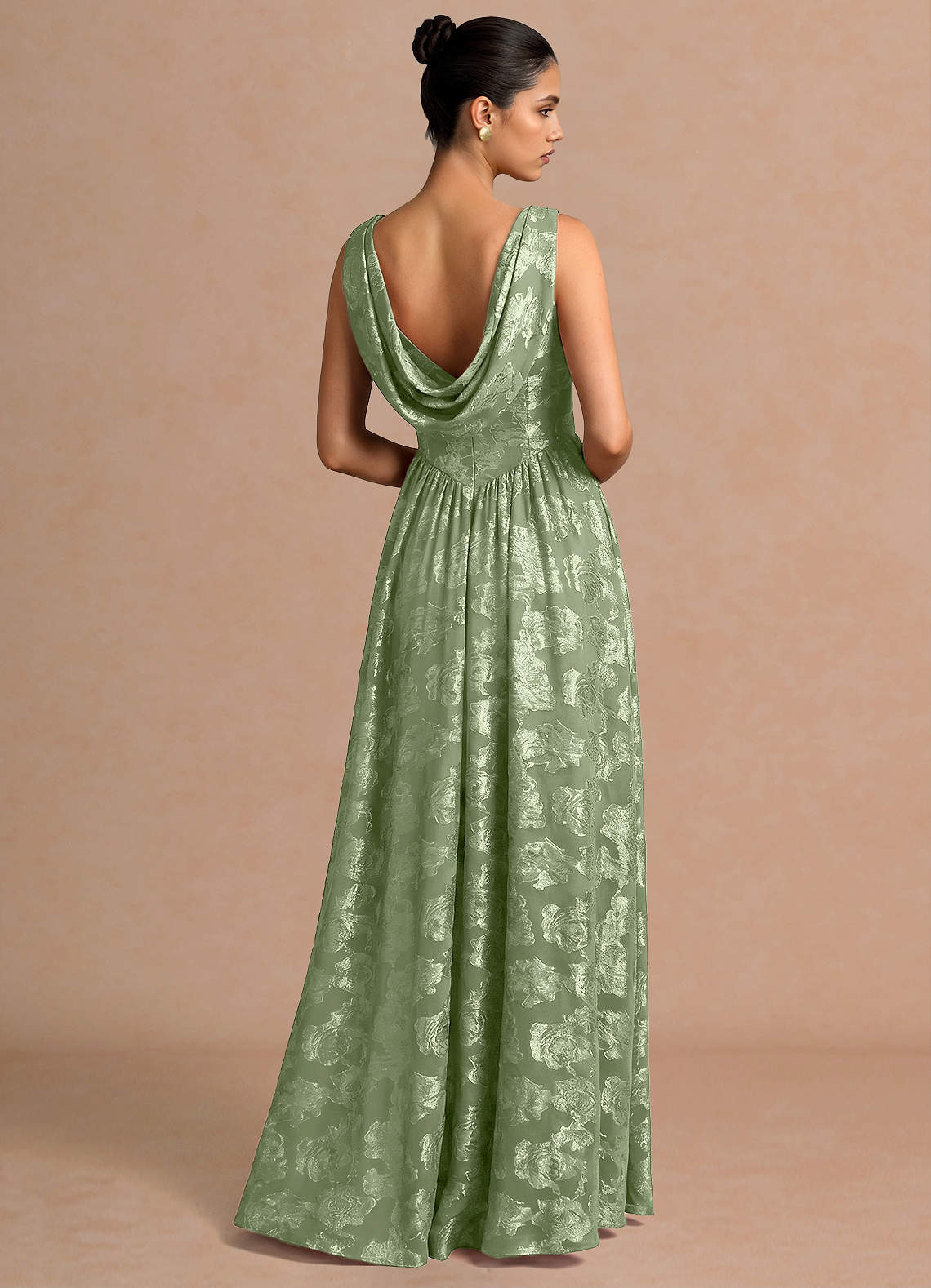 Novi A-Line Draped-Neck Floral Fil Coupé Evening Dress in Light Green