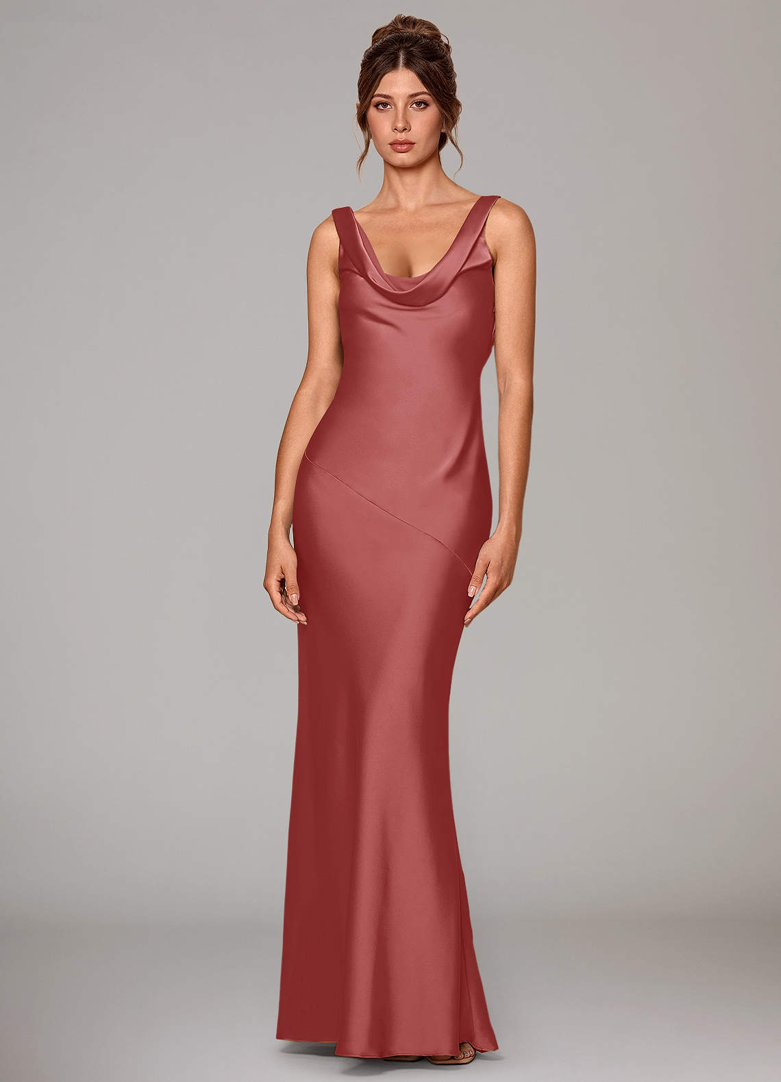 Rylina Mermaid Cowl-Neck Stretch Satin Bridesmaid Dress in Antique Rose