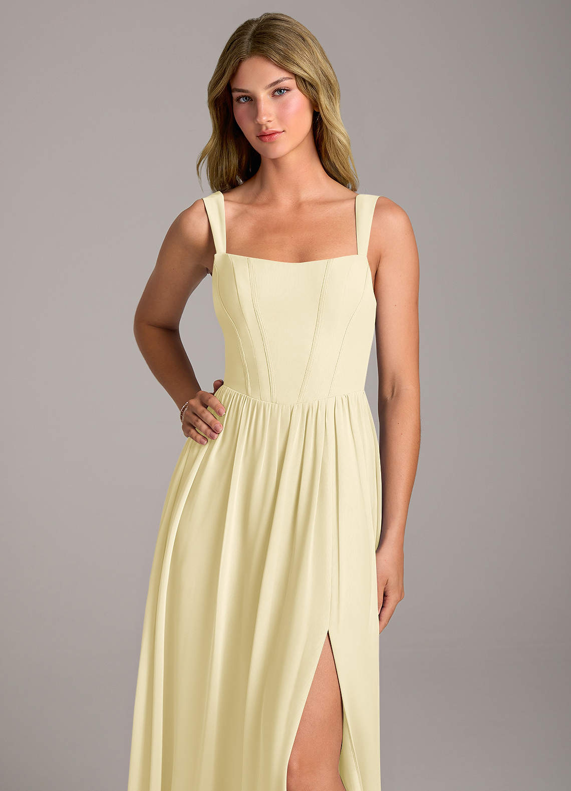 Rosaline A-Line Square-Neck Chiffon Bridesmaid Dress in Lemon Sorbet