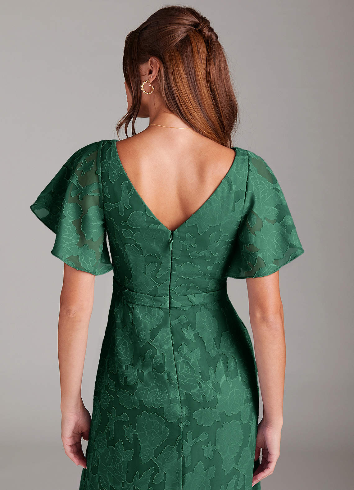 Ambrosia A-Line V-Neck Floral Burnout Bridesmaid Dress in Dark Green
