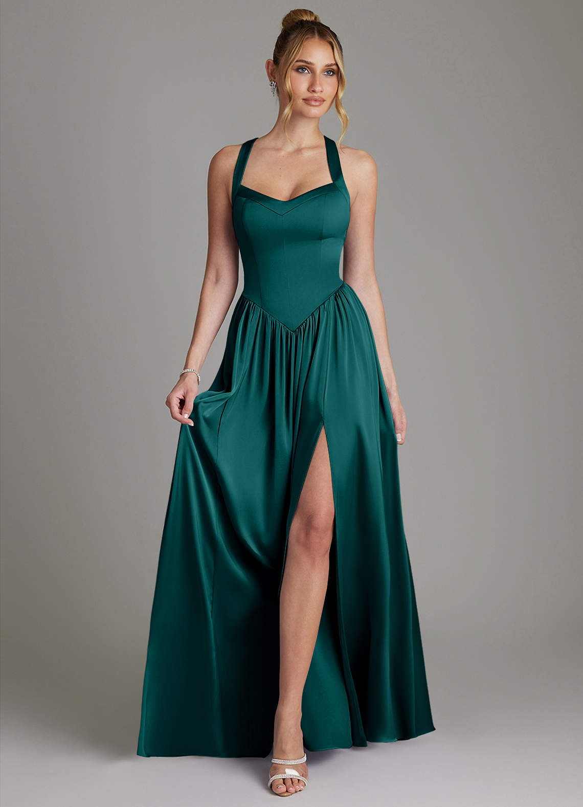 Francis A-Line V-Neck Stretch Satin Bridesmaid Dress in Peacock