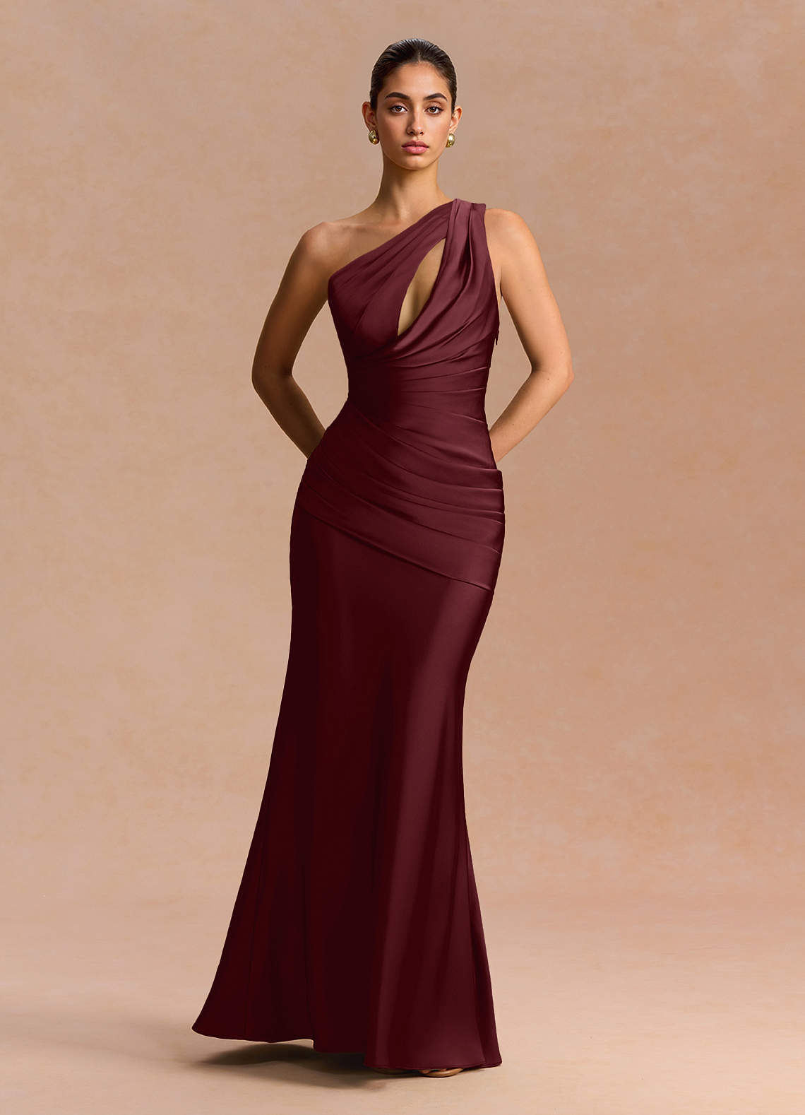 Guinevere One-Shoulder Cutout Stretch Satin Evening Dress in Dusty Blue