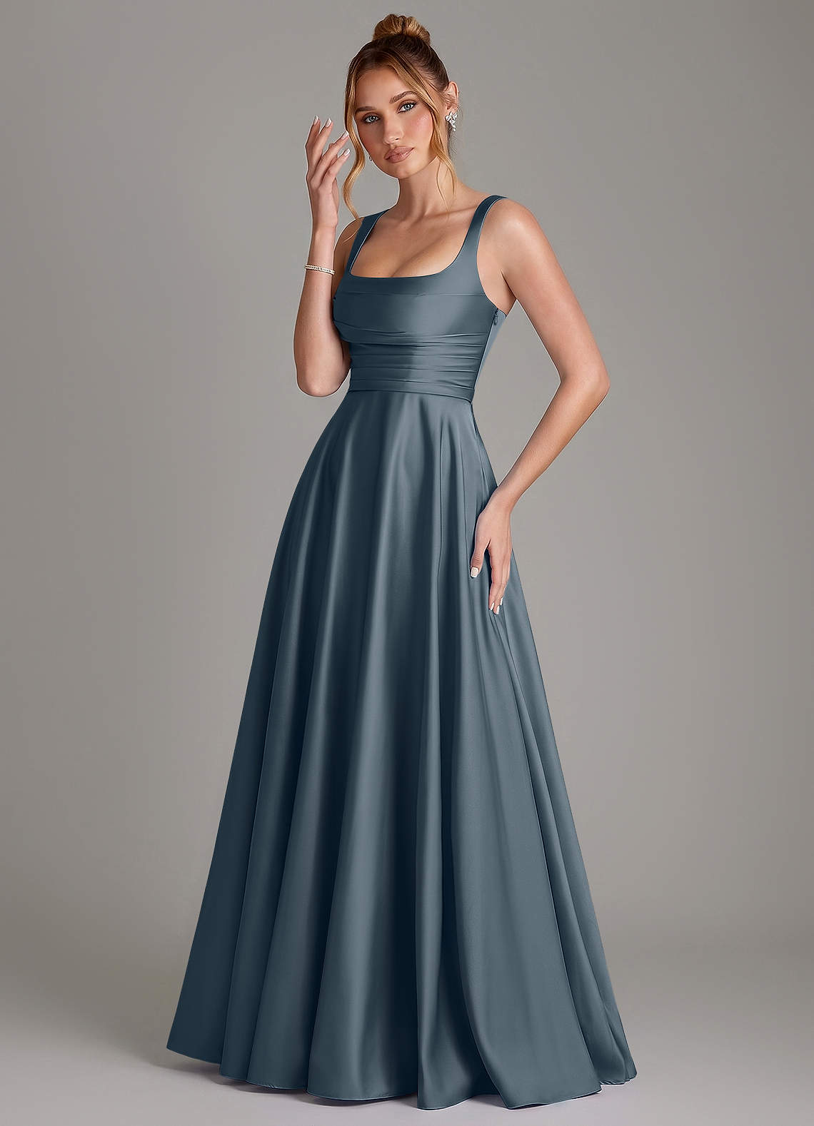 Azaria A-Line Square-Neck Stretch Satin Bridesmaid Dress in Twilight