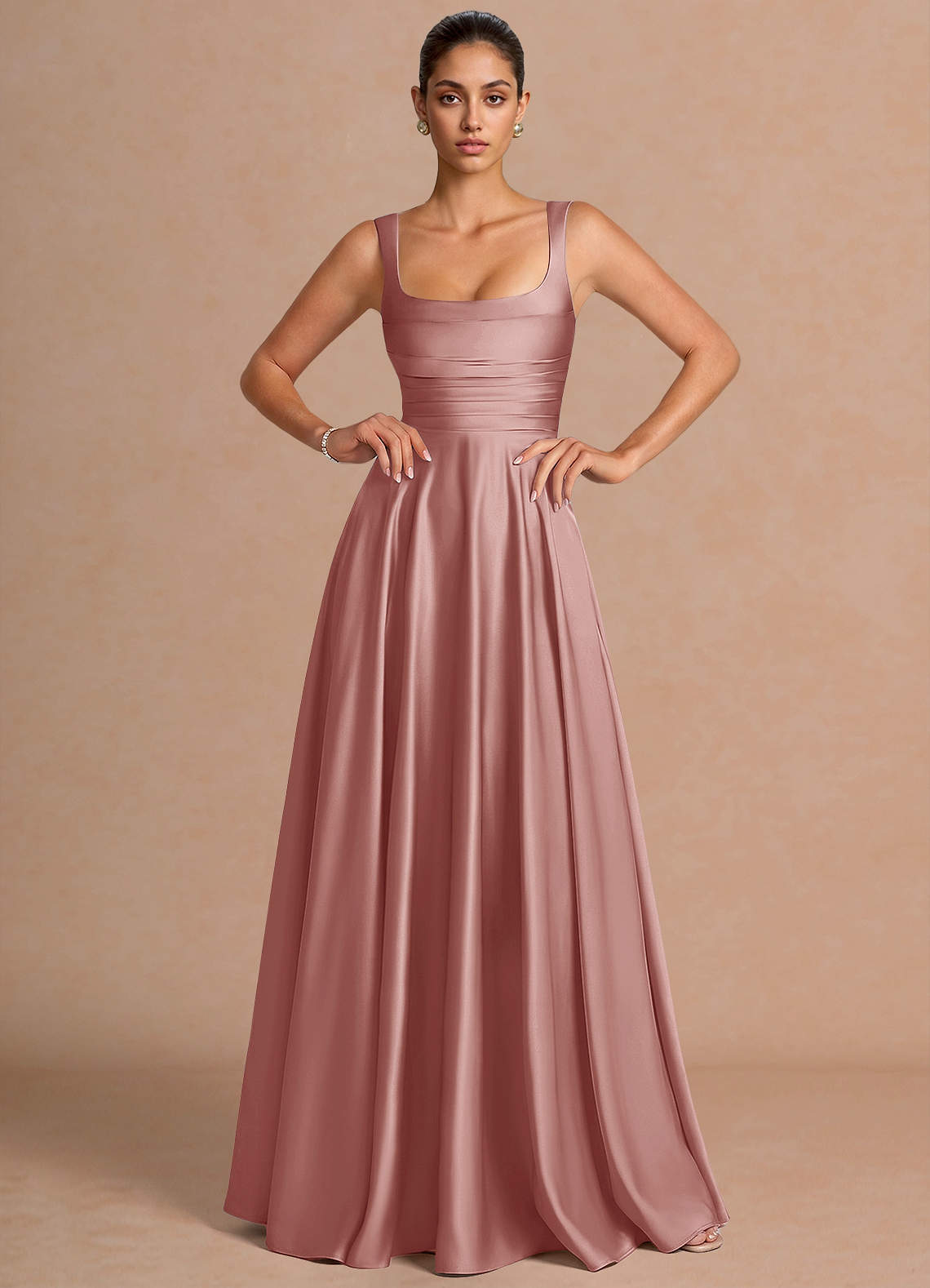Azaria A-Line Square-Neck Stretch Satin Wedding Guest Dress in Haze blue