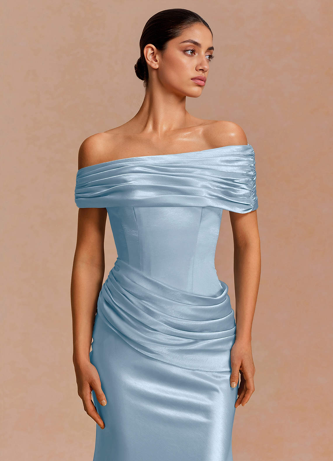Leonie Strapless Draped-Shoulder Satin Evening Dress in Sky Blue
