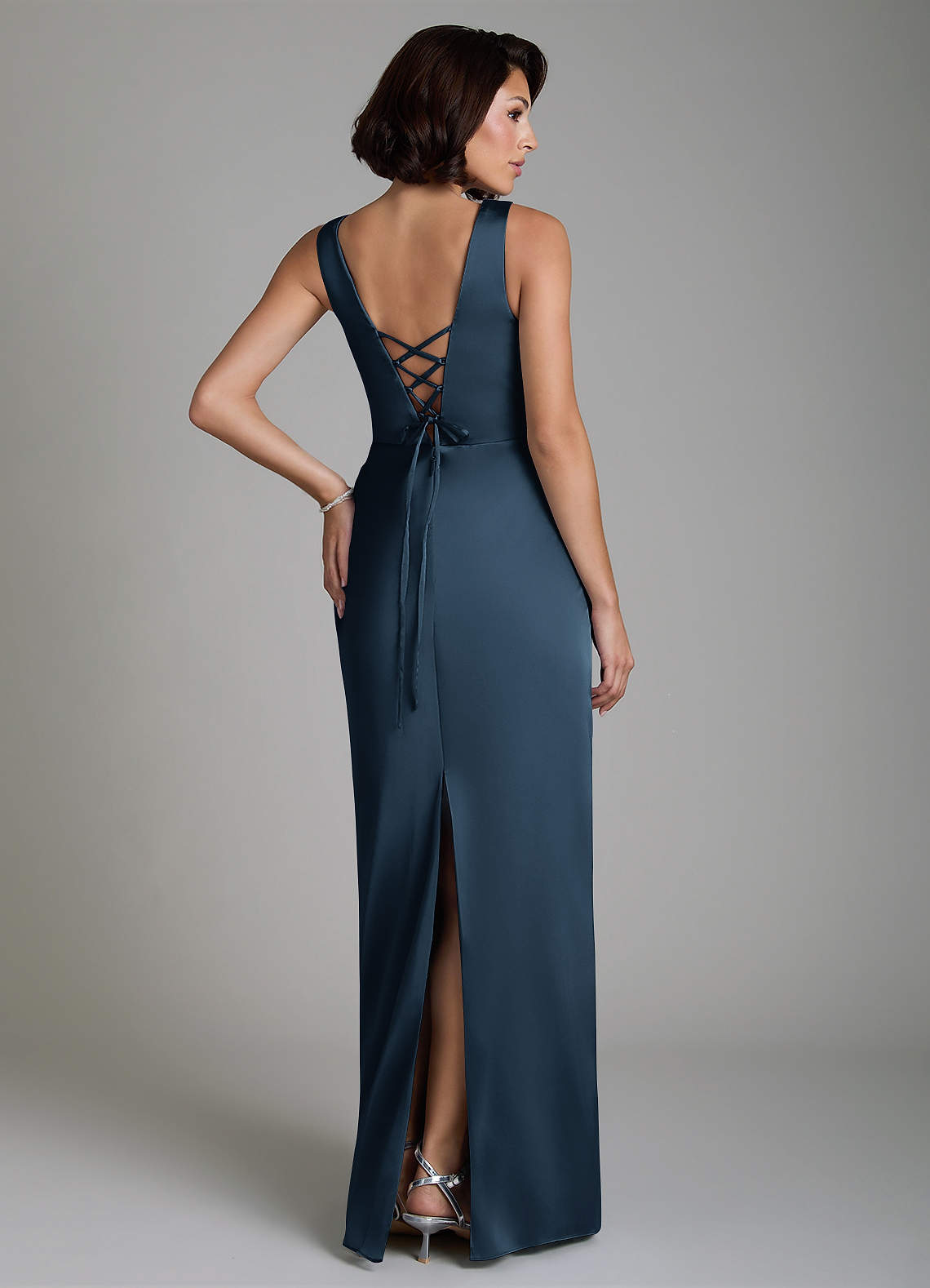 Vanya Sheath V-Neck Stretch Satin Bridesmaid Dress in Dark Navy