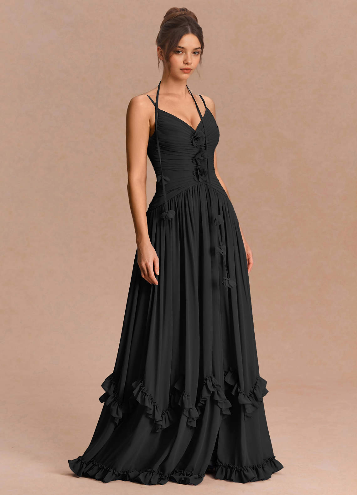 Eulalie A-Line Floral-Appliqué Chiffon Evening Dress in Haze blue