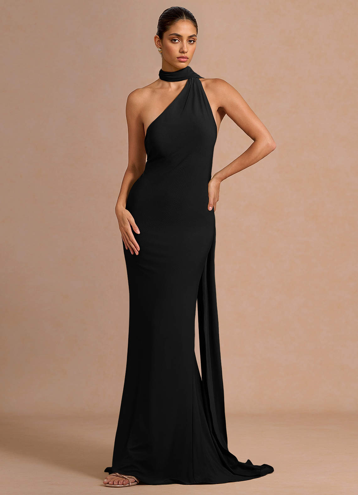 Miliani Sheath Neck-Tie Stretch Knit Evening Dress in Black