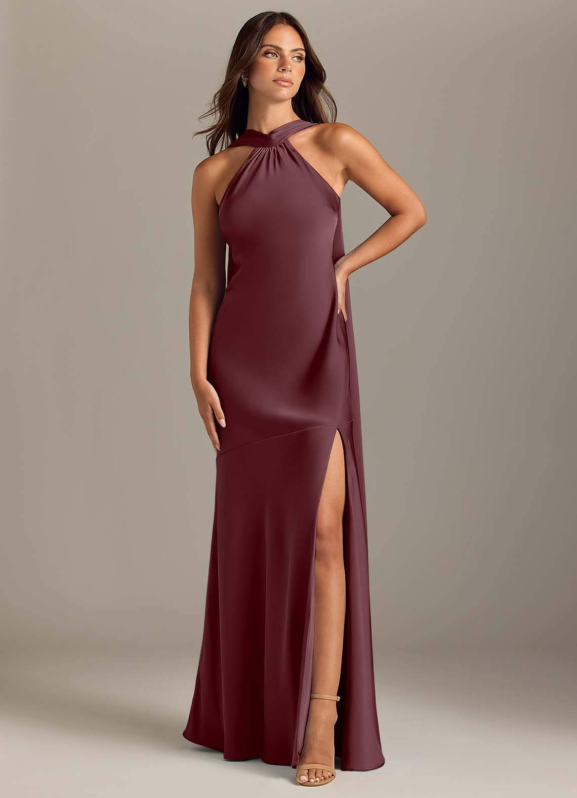 Kinsley Mermaid Halter Stretch Satin Bridesmaid Dress in Sangria