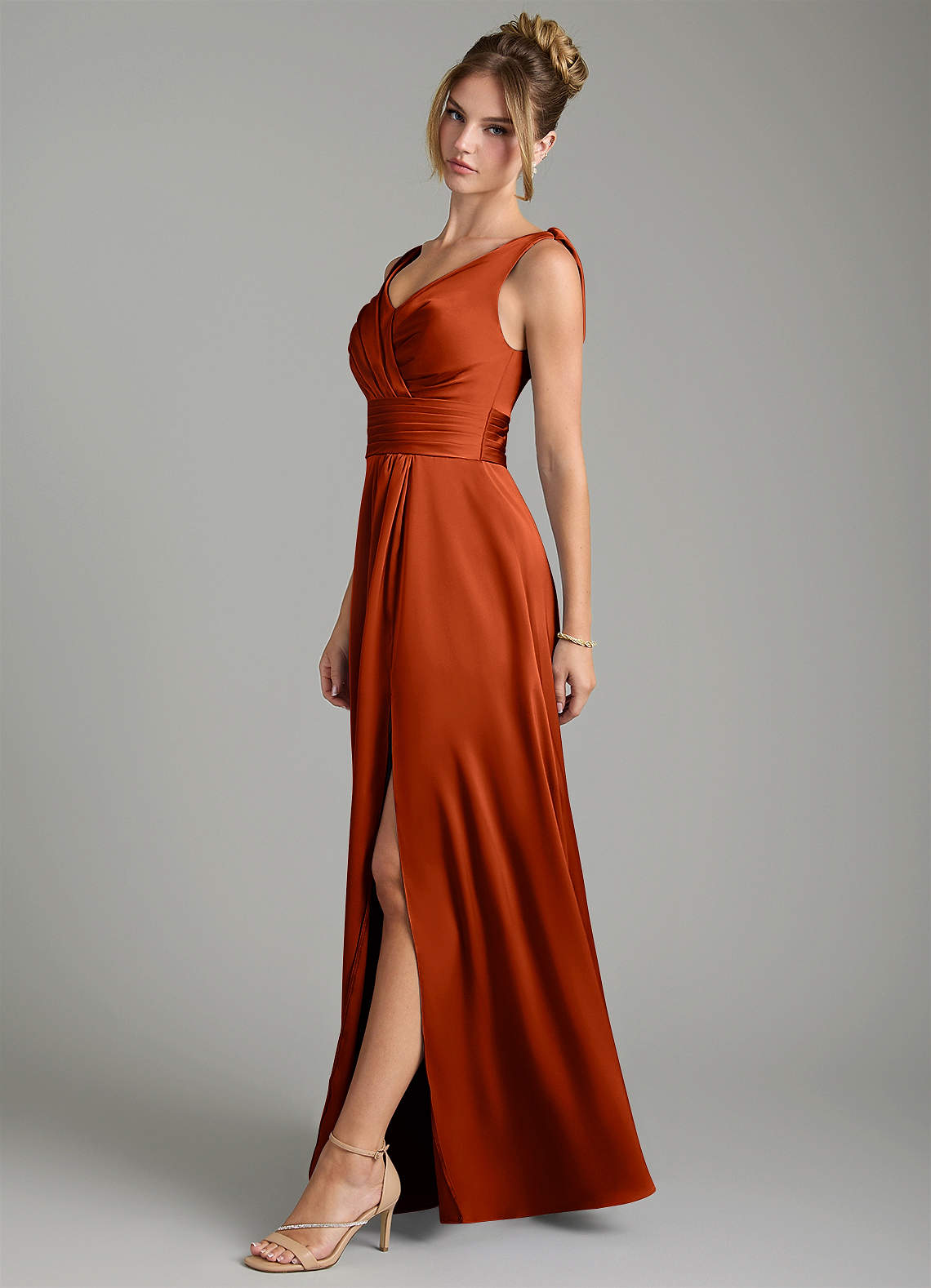 Karina A-Line V-Neck Stretch Satin Bridesmaid Dress in Paprika