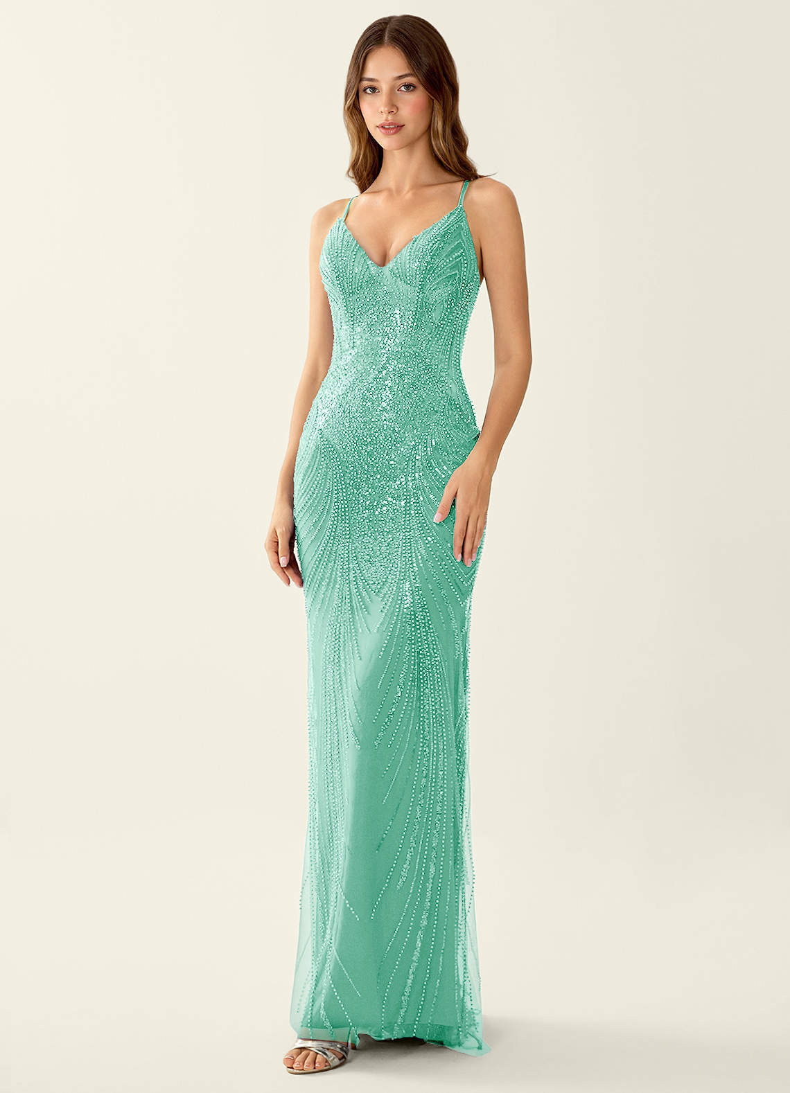 Magnolia Mermaid Beaded Sequined Stretch Mesh Evening Dress in Lake Blue