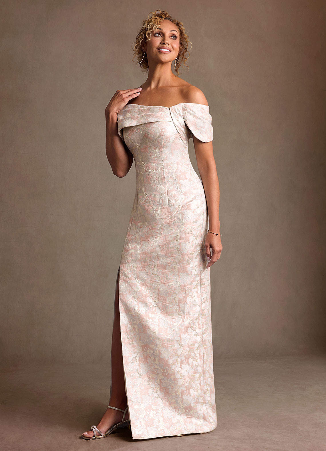 Zion Sheath Off-the-Shoulder Jacquard Mother of the Bride Dress in Dusty Rose