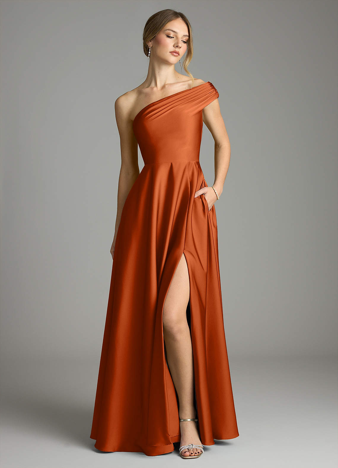Melanie A-Line One-Shoulder Stretch Satin Bridesmaid Dress in Burnt Orange