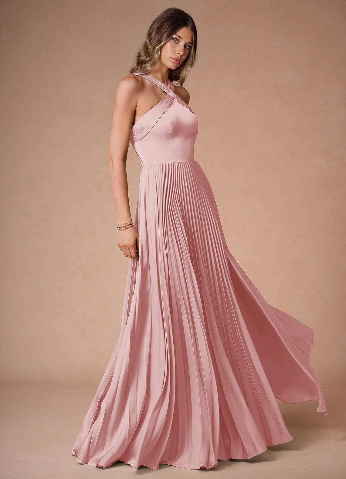 Afra A-Line Pleated Stretch Satin Wedding Guest Dress in Haze Pink