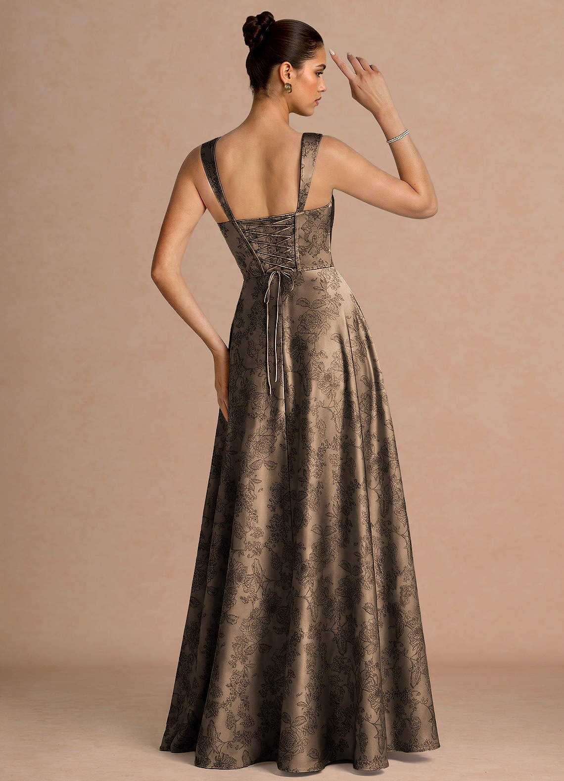 Azaria A-Line Square-Neck Jacquard Evening Dress in Coffee Brown