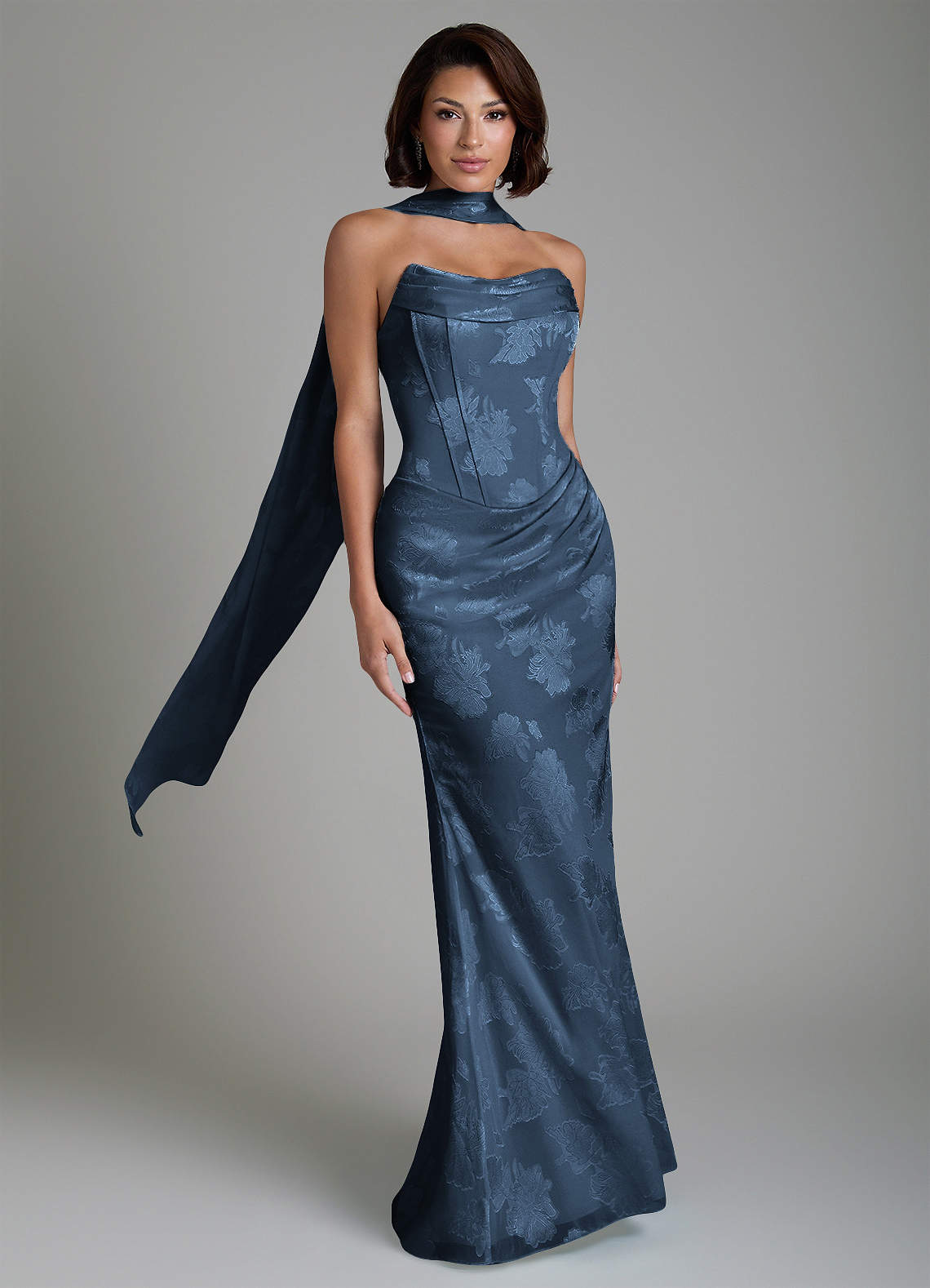 Ariah Mermaid Cowl-Neck Jacquard Bridesmaid Dress in Dark Navy