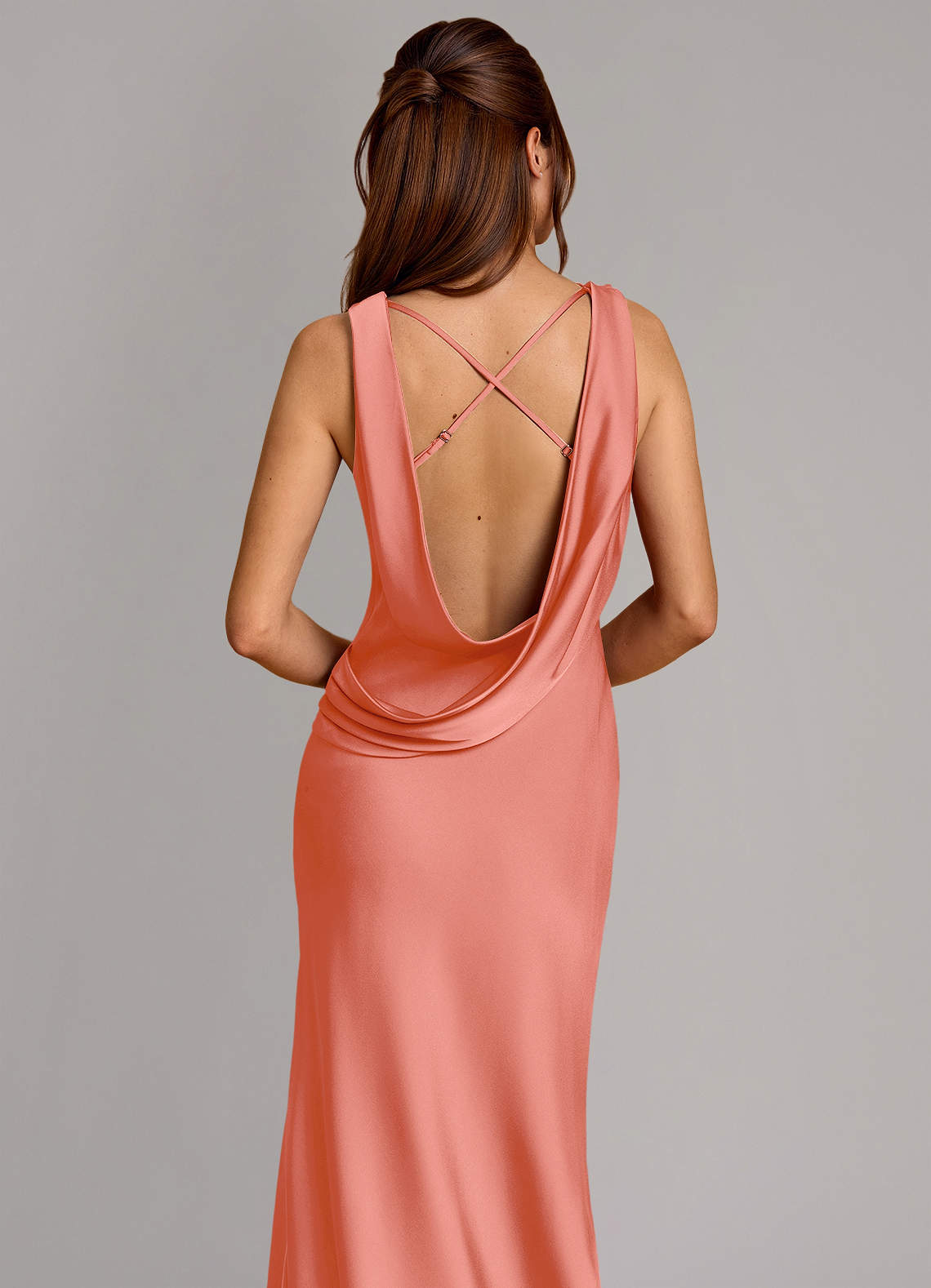 Cheryl Mermaid Cowl-Neck Stretch Satin Bridesmaid Dress in Salmon Pink