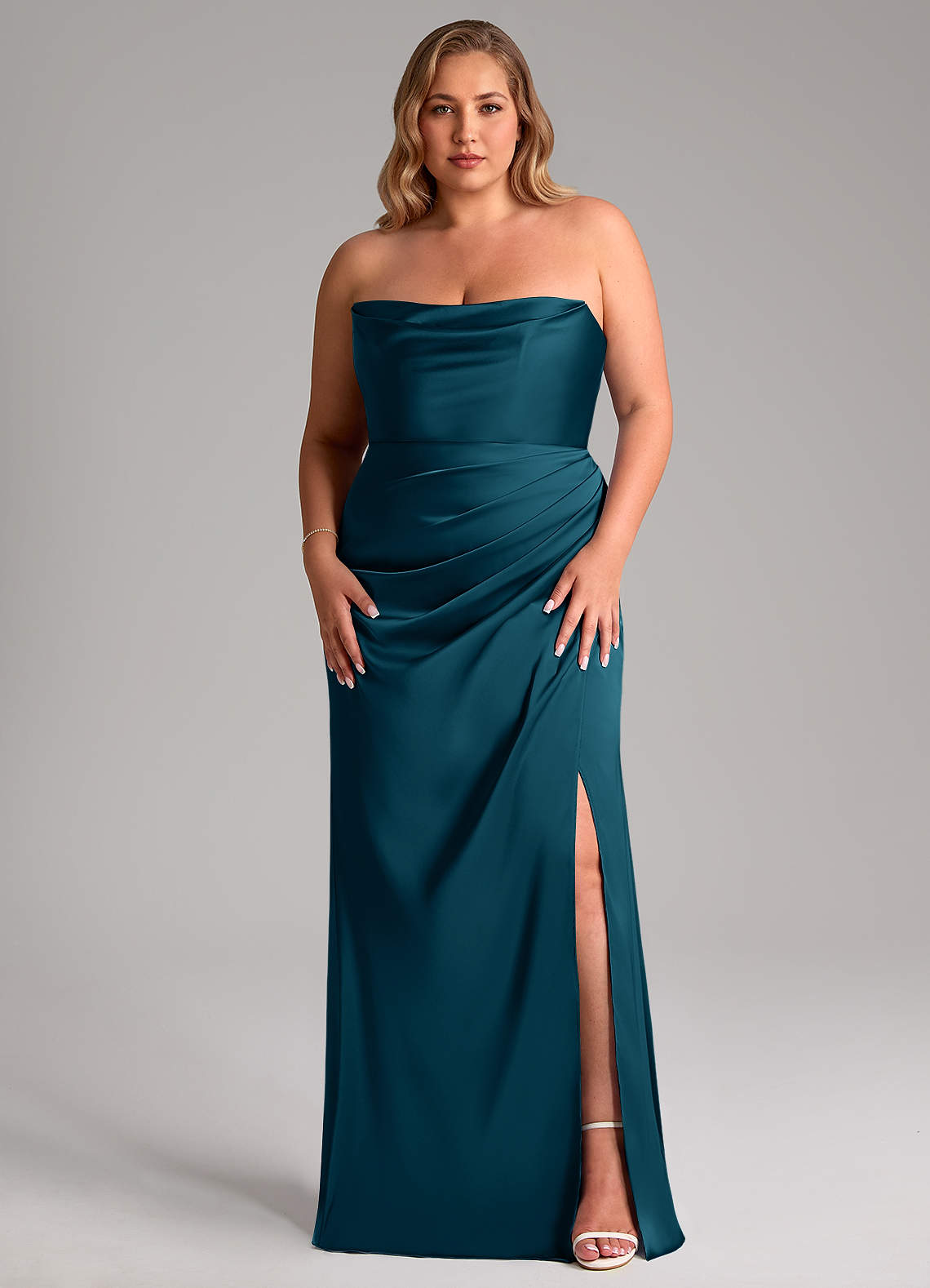 Leonis Mermaid Cowl-Neck Stretch Satin Bridesmaid Dress in Ink Blue