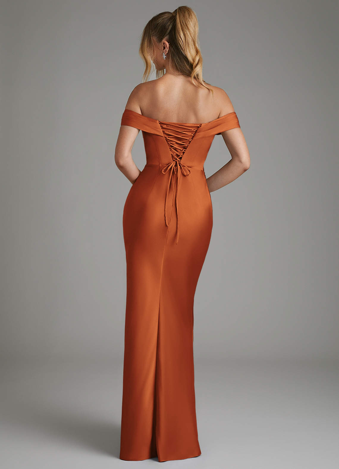 Hayden Mermaid Off-the-Shoulder Stretch Satin Bridesmaid Dress in Cinnamon