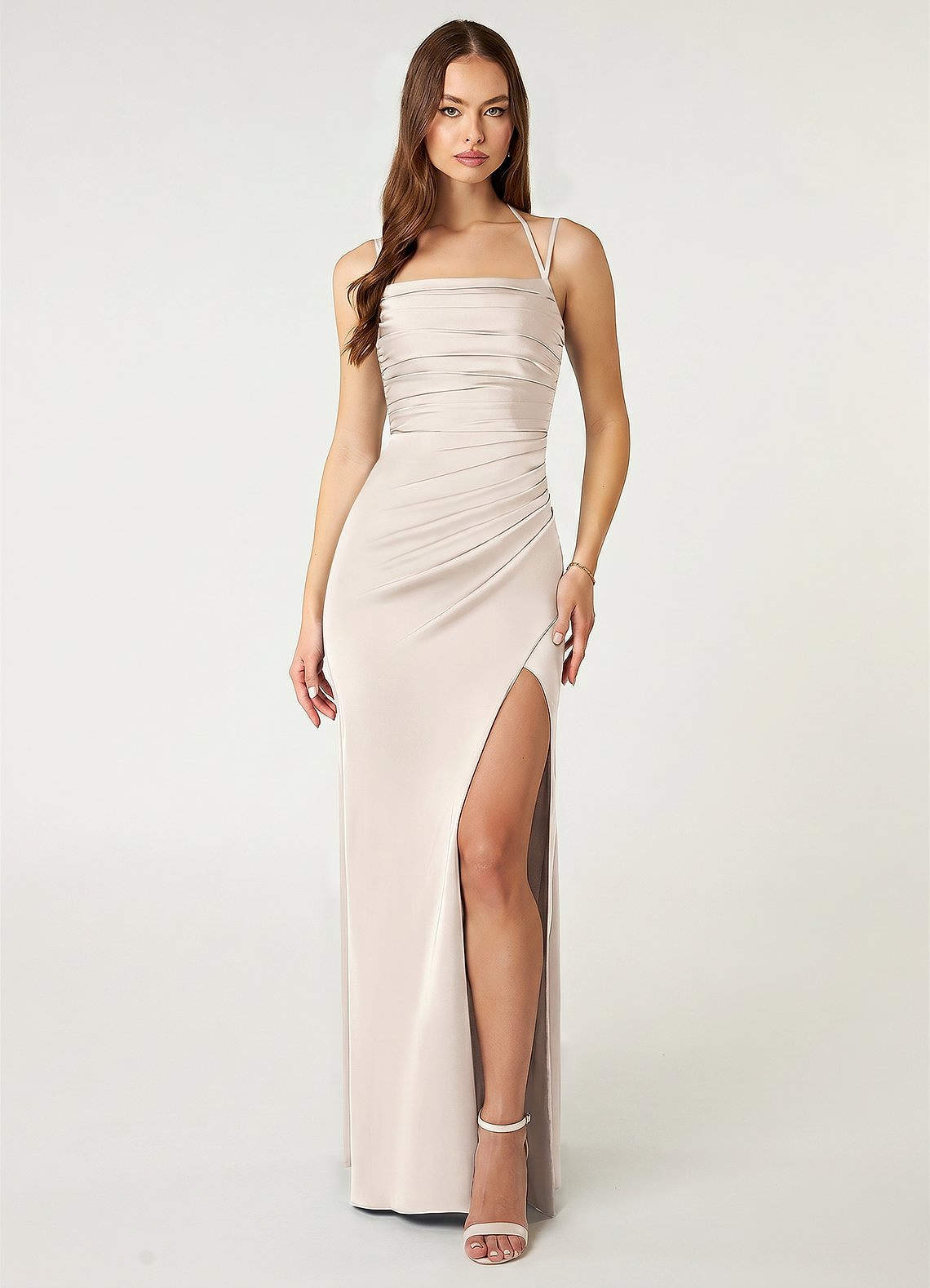 Desi Sheath Halter Stretch Satin Bridesmaid Dress in White Alabaster