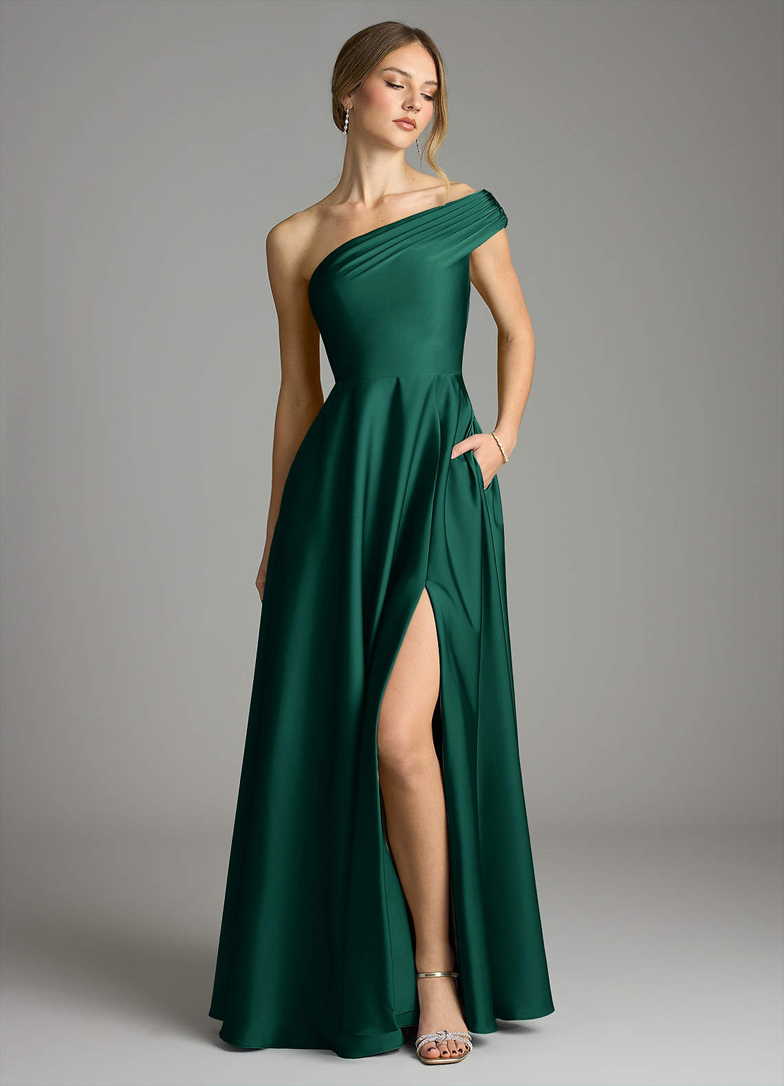 Melanie A-Line One-Shoulder Stretch Satin Bridesmaid Dress in Emerald