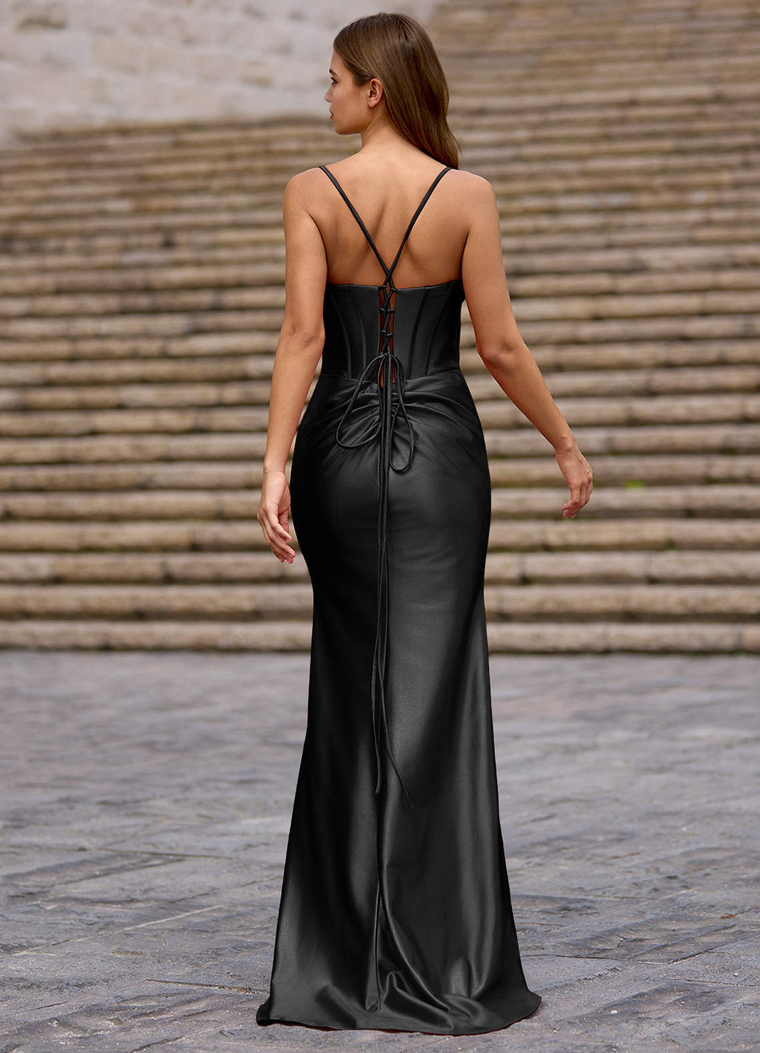 Glow Strapless Corset Slit Stretch Satin Evening Dress in black