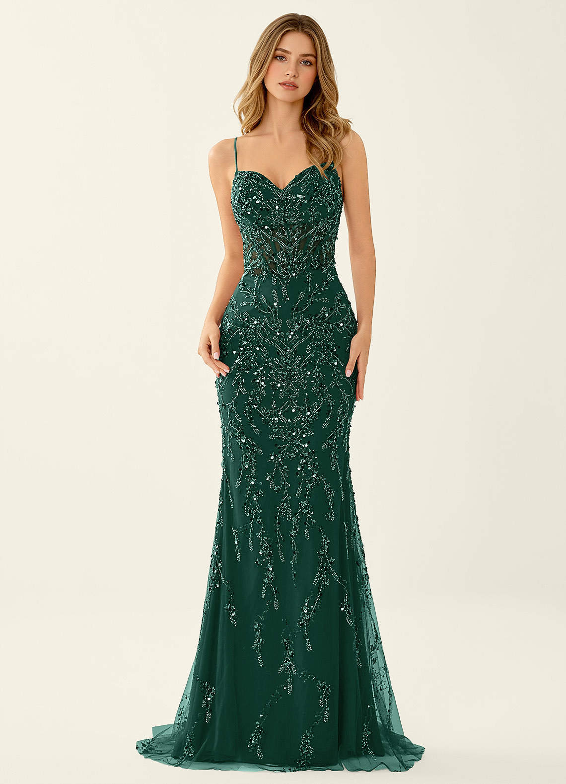Zivah Mermaid V-Neck Beaded Stretch Mesh Evening Dress in Dark Green