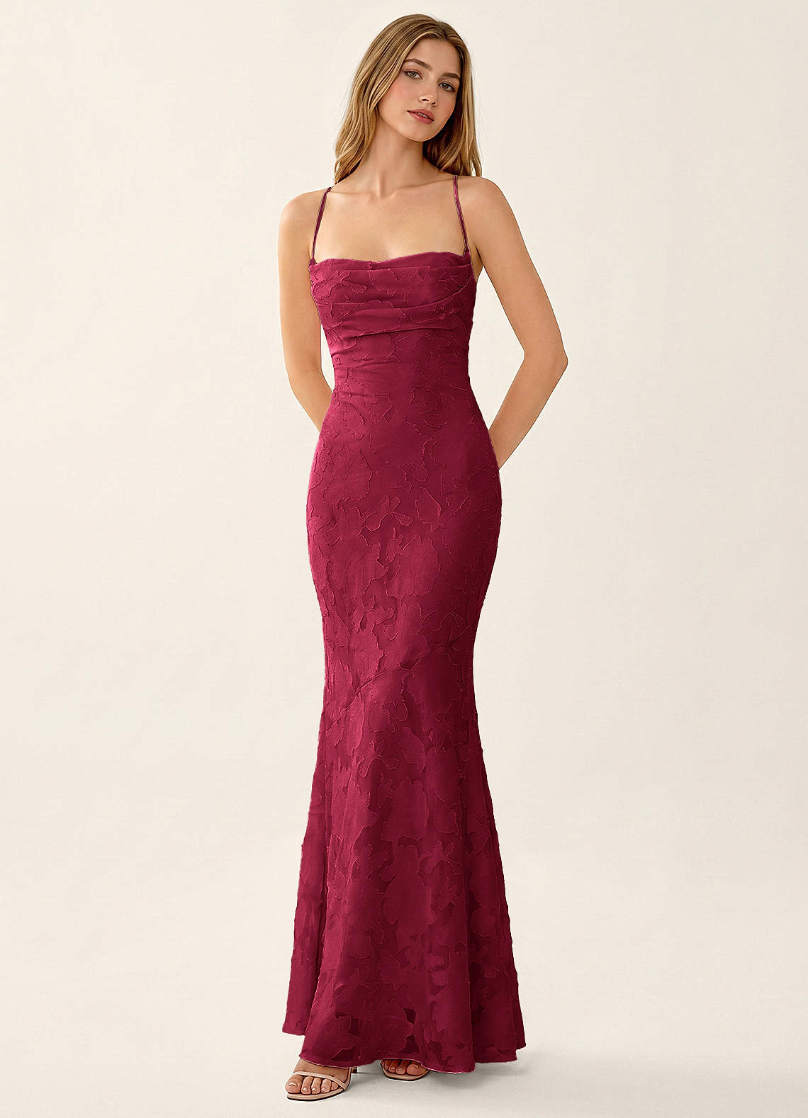 Natasha Mermaid Spaghetti-Strap Floral Burnout Evening Dress in Burgundy