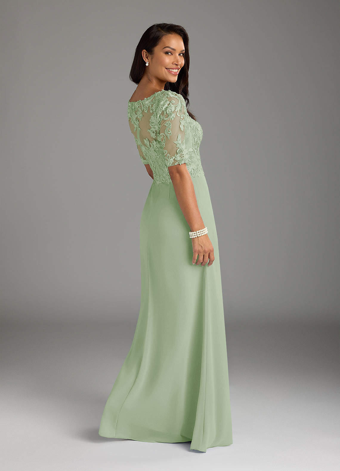 Amedeus A-Line V-Neck Chiffon and Lace Mother of the Bride Dress in Dusty Sage