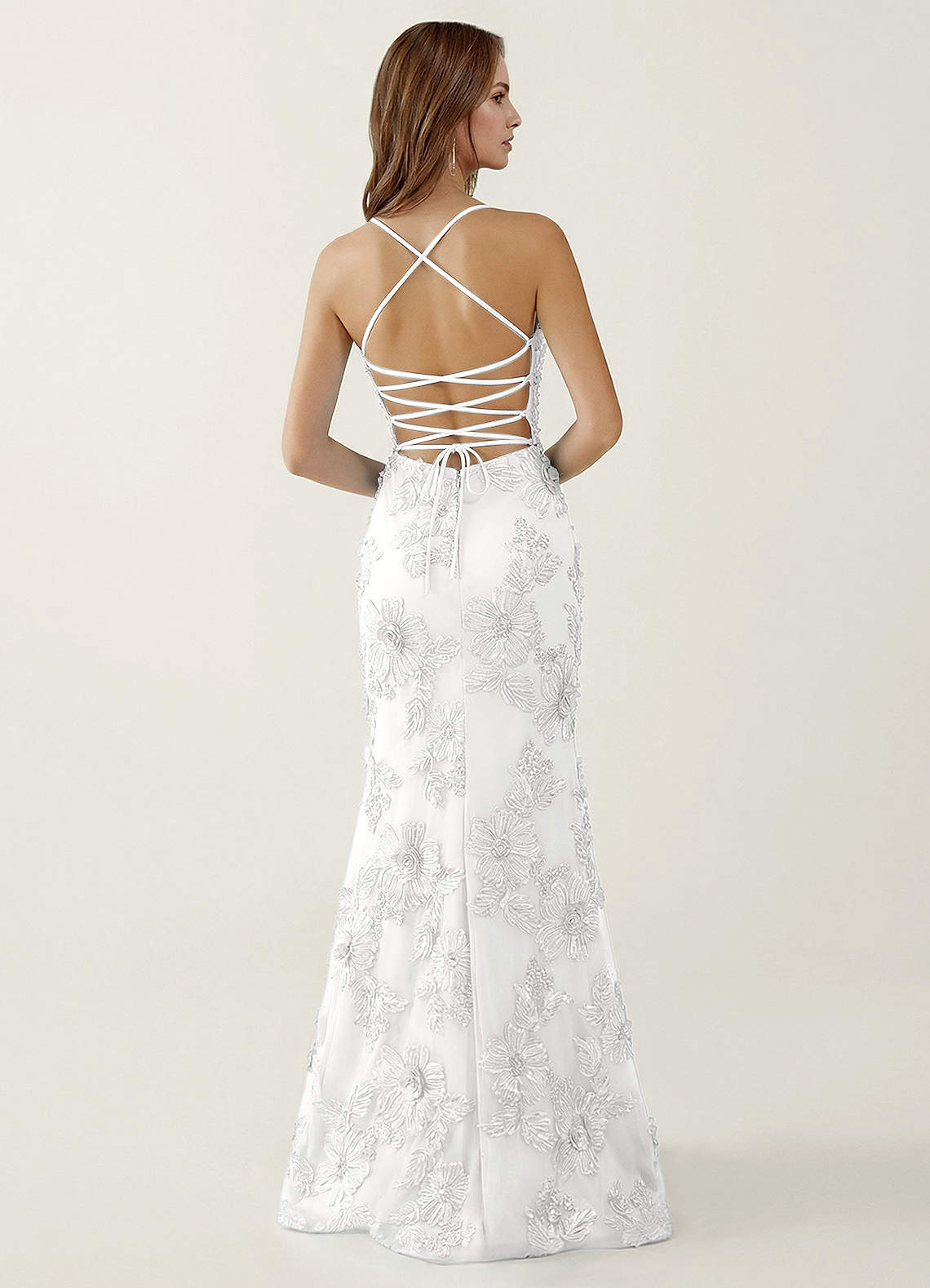 Bellatrix Mermaid Spaghetti-Strap Stretch Lace Evening Dress in white