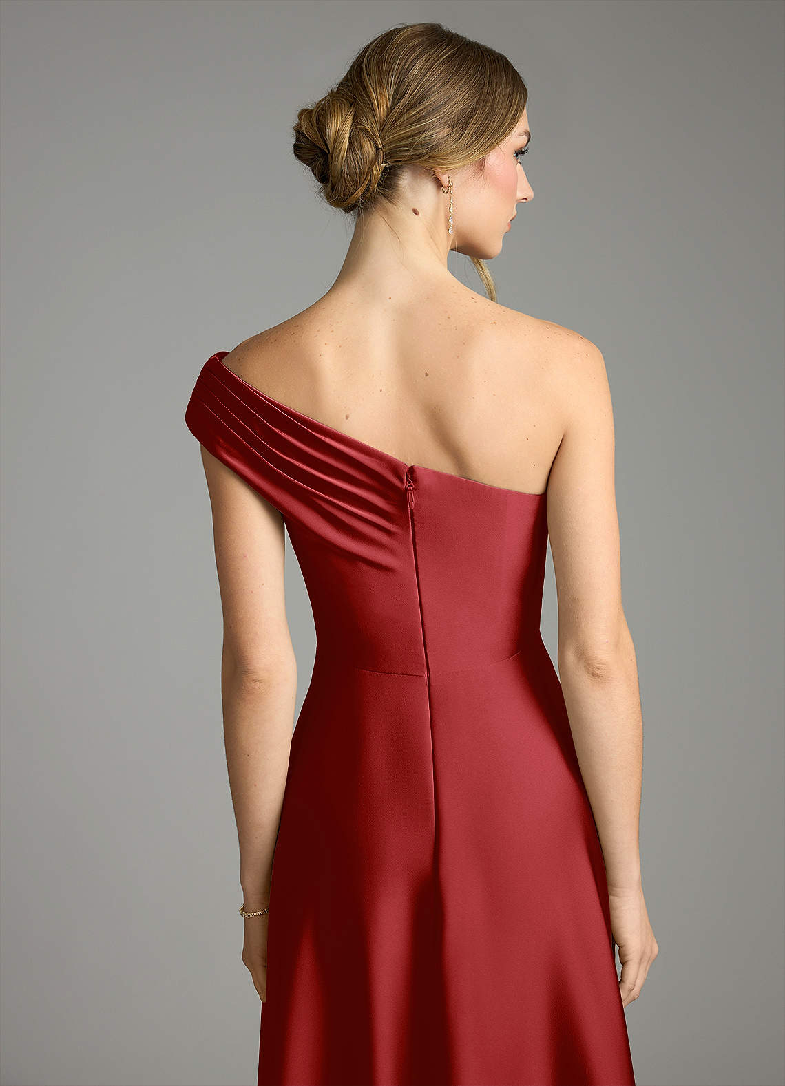 Melanie A-Line One-Shoulder Stretch Satin Bridesmaid Dress in Pomegranate