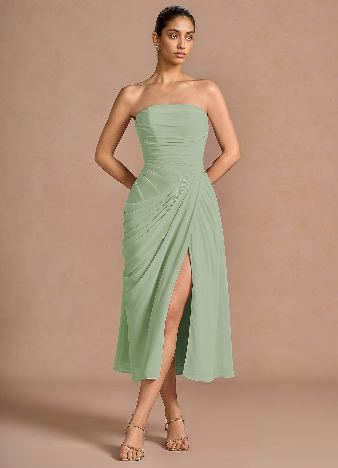 Kaavia Column Pleated Chiffon Midi Evening Dress in Light Green