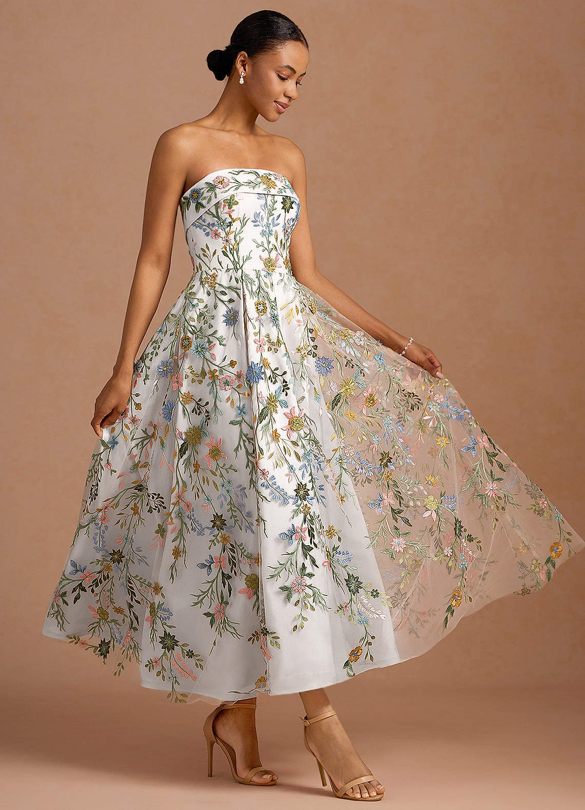 Evangeline Strapless Corset Floral Lace Evening Dress in candy pink
