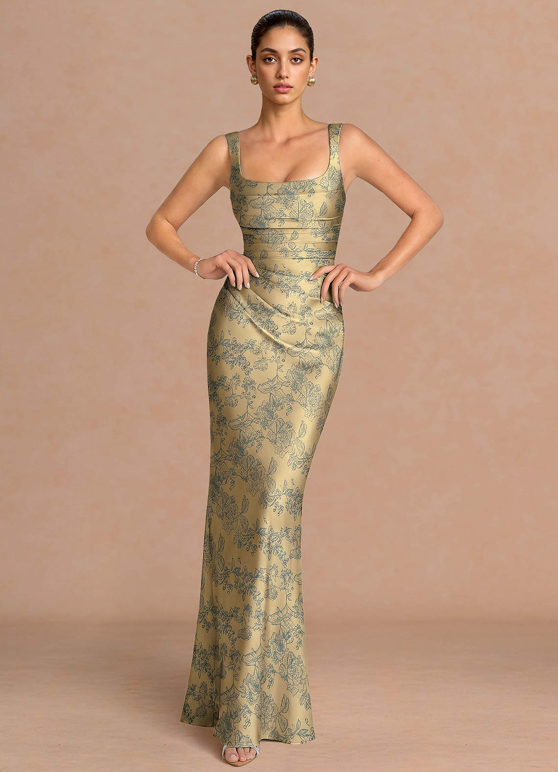Agustina Square-Neck Pleated Jacquard Evening Dress in Moss Navy