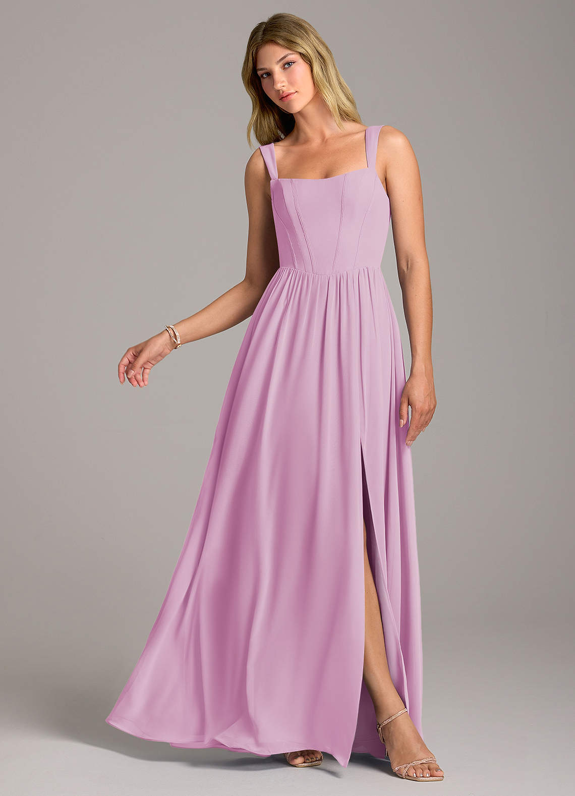 Rosaline A-Line Square-Neck Chiffon Bridesmaid Dress in candy pink