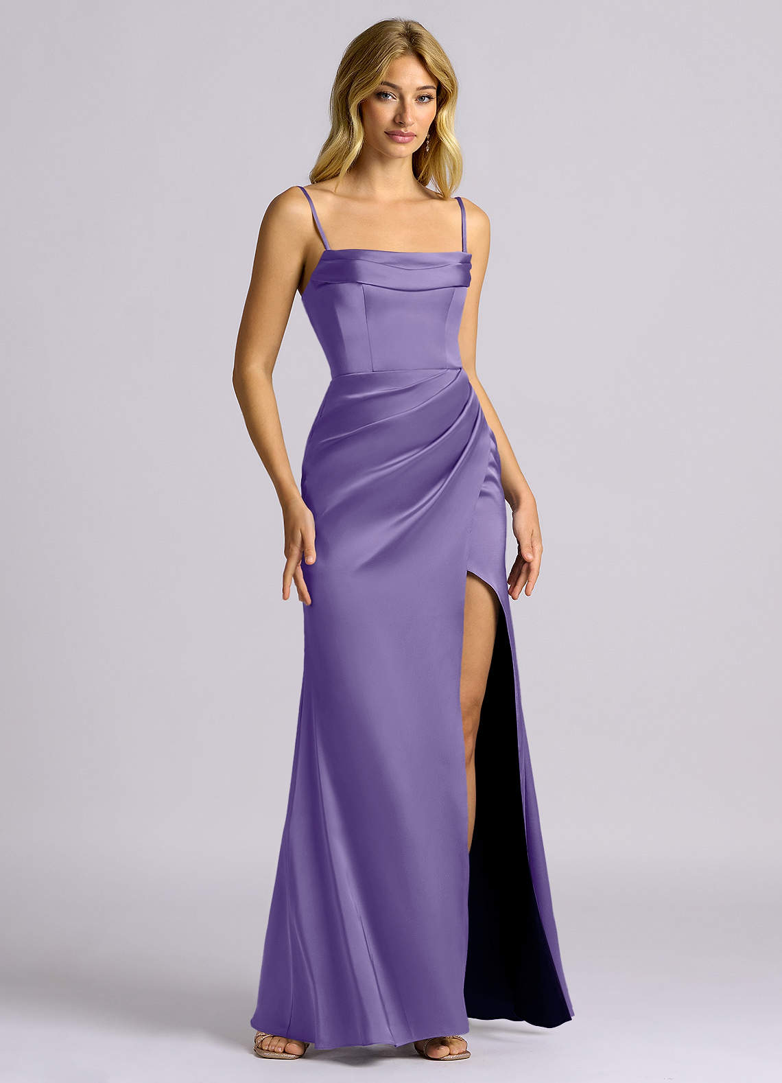Auden Sheath Off-the-Shoulder Stretch Satin Bridesmaid Dress in Tahiti