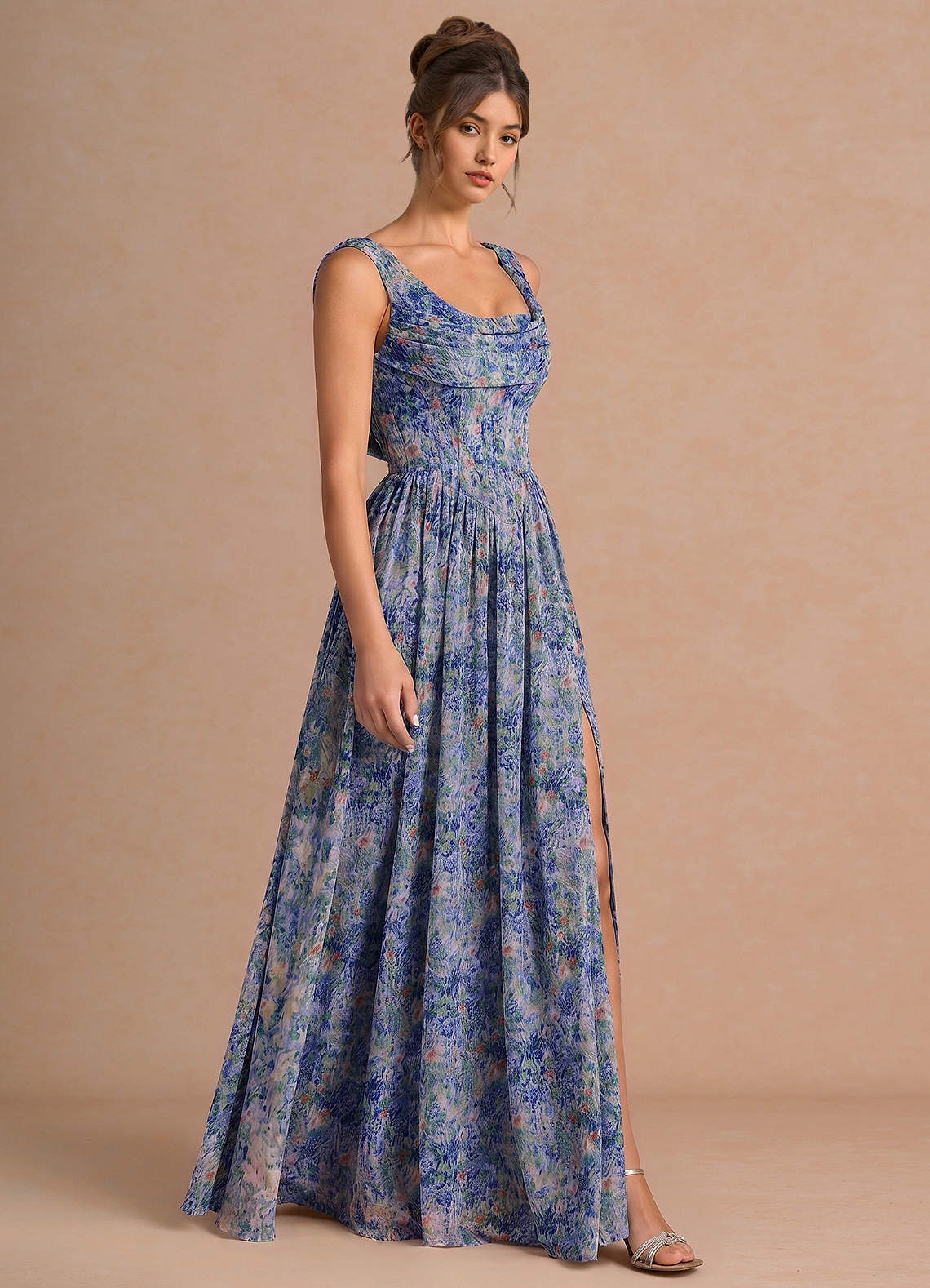 Aurore A-Line Cowl-Neck Chiffon Wedding Guest Dress in Lilac Floral