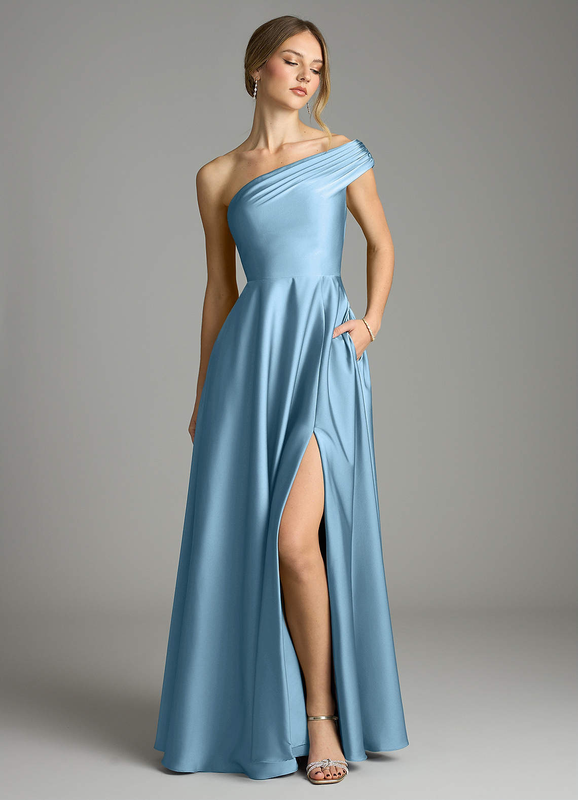 Melanie A-Line One-Shoulder Stretch Satin Bridesmaid Dress in Steel Blue