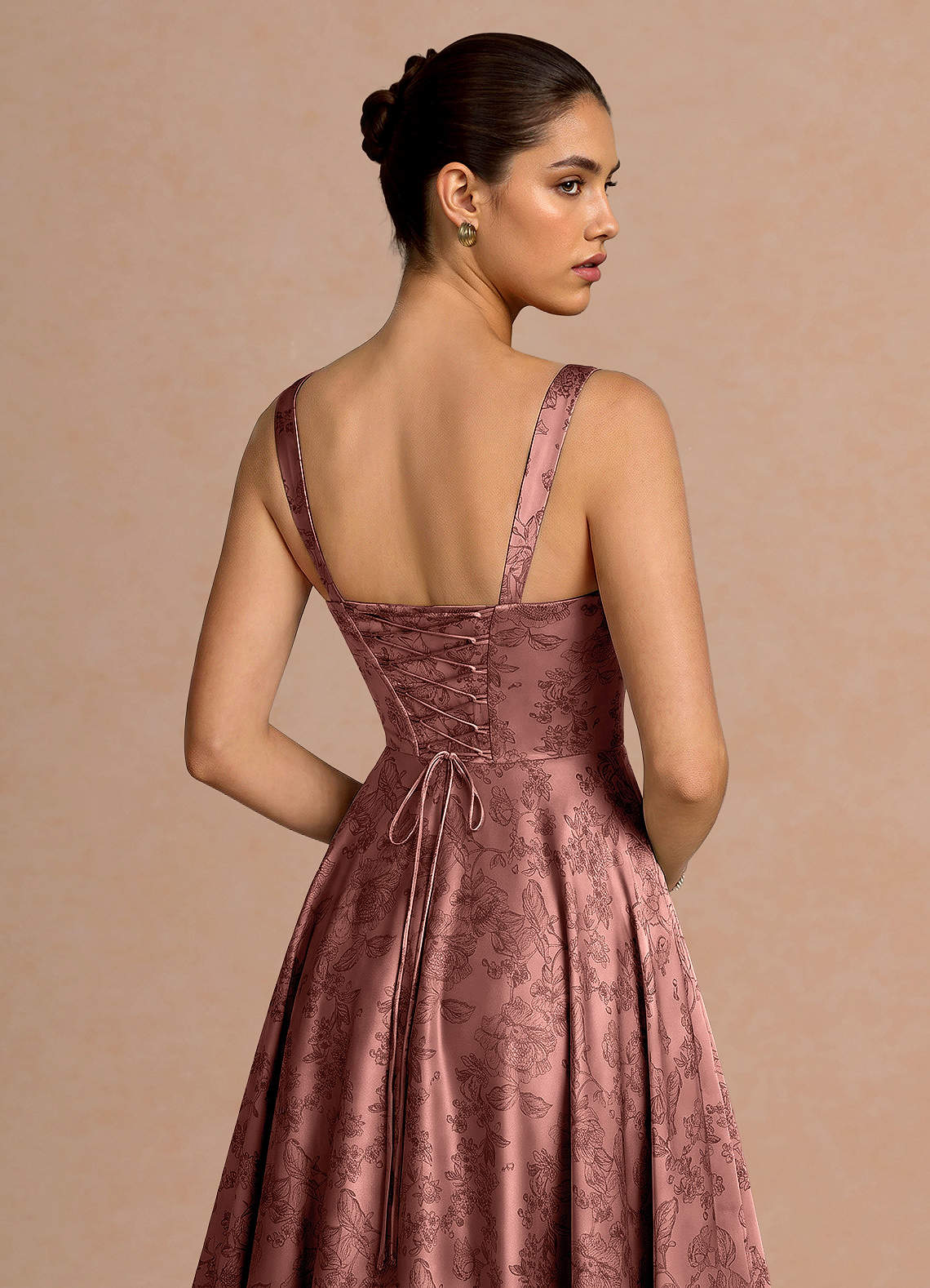 Azaria A-Line Square-Neck Jacquard Evening Dress in Vintage Rose