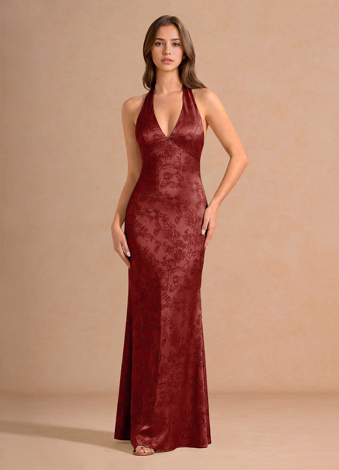 Ottoline Plunging V-Neck Open-Back Jacquard Evening Dress in Moss Navy