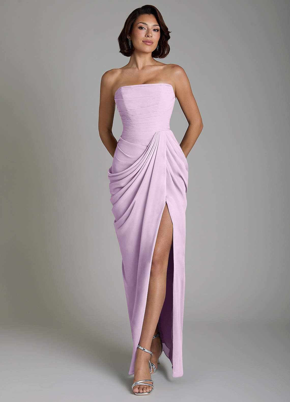 Nyra Sheath Strapless Chiffon Bridesmaid Dress in Frosted Lilac