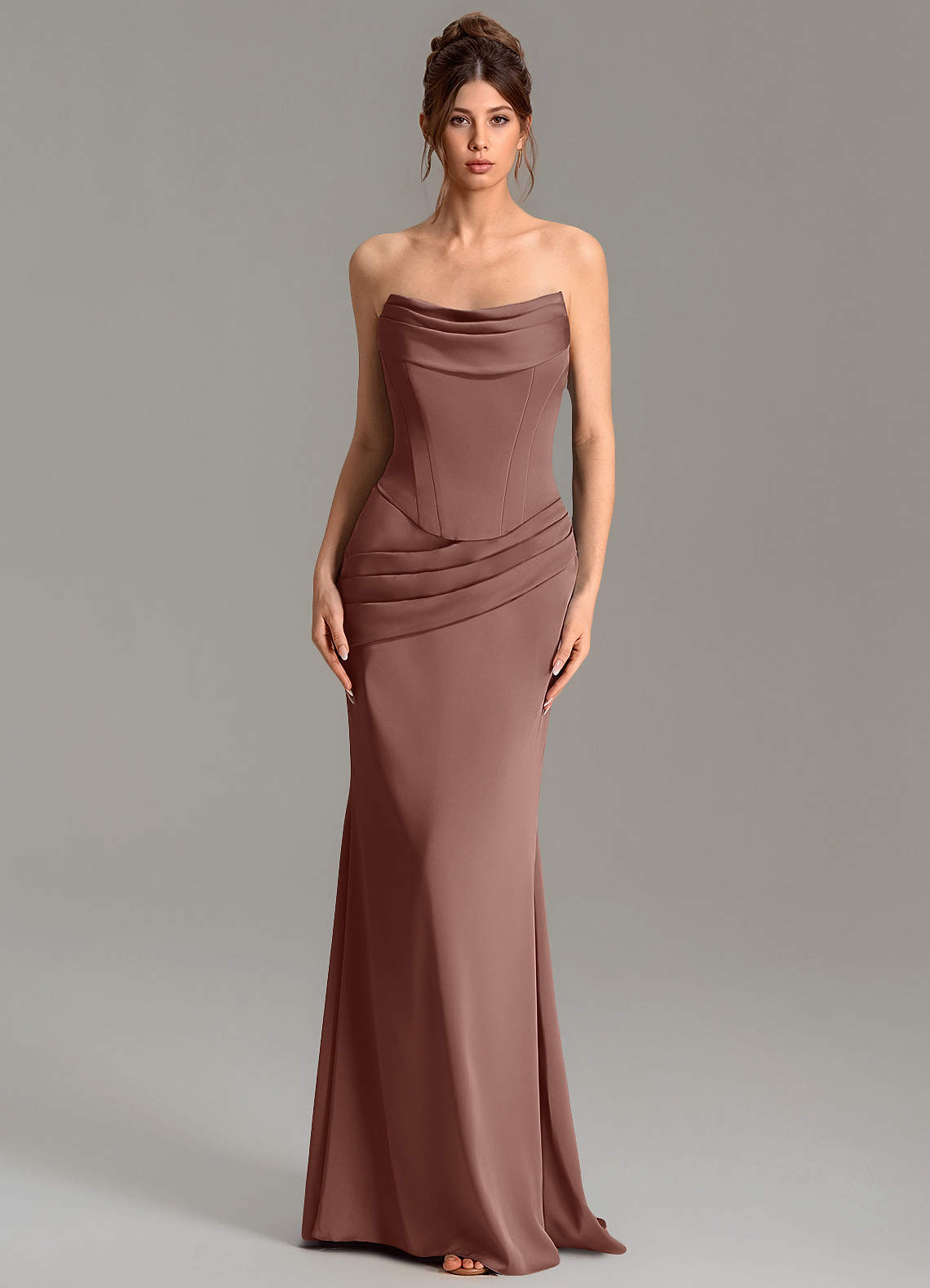 Adrienne Mermaid Cowl-Neck Stretch Satin Bridesmaid Dress in Espresso