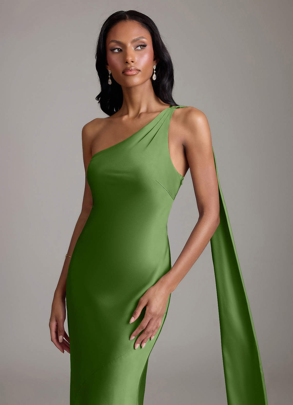 Juniper Mermaid One-Shoulder Stretch Satin Bridesmaid Dress in Basil