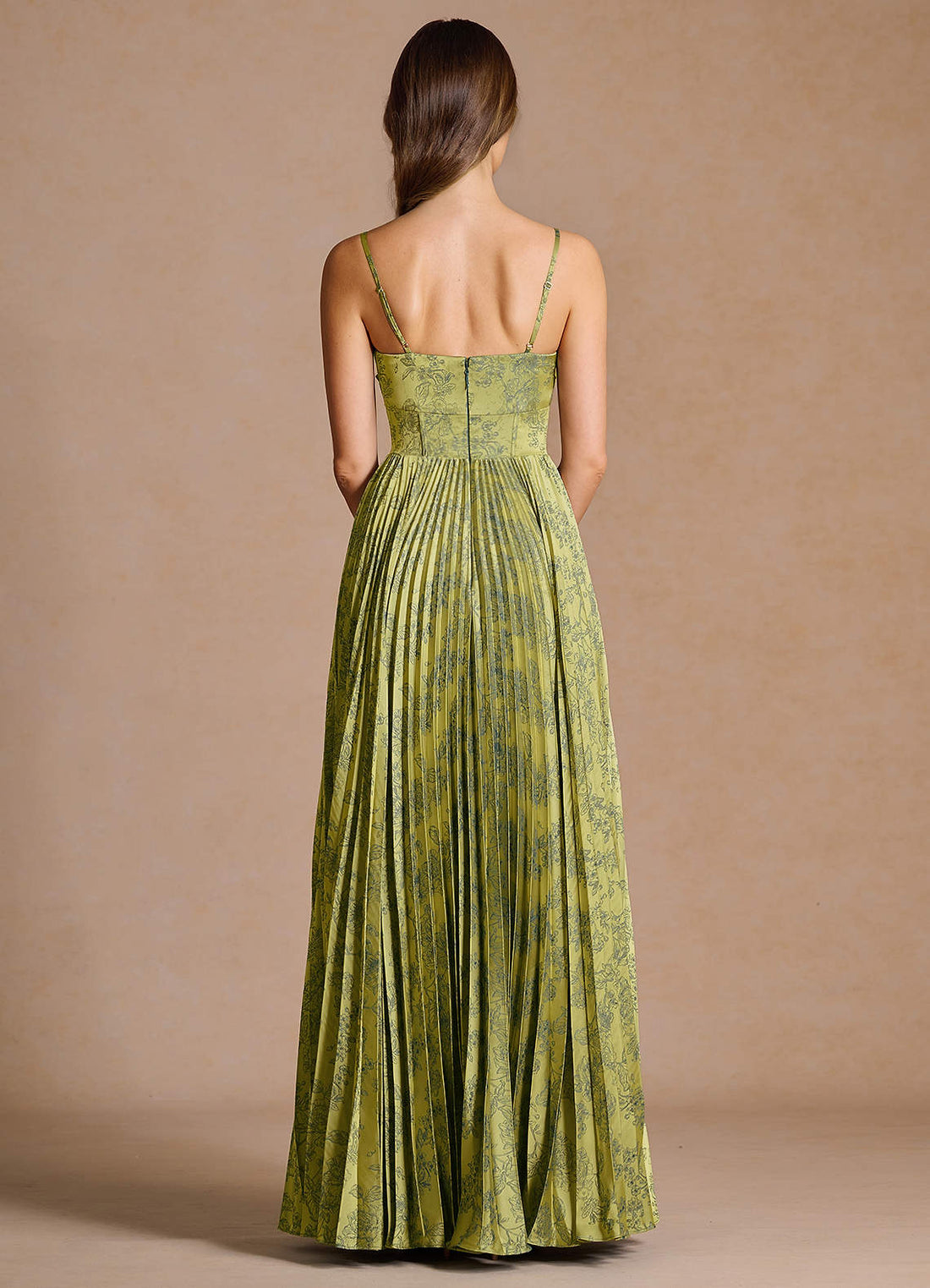 Vesper Pleated Knot-Neck Jacquard Wedding Guest Dress in Moss Navy