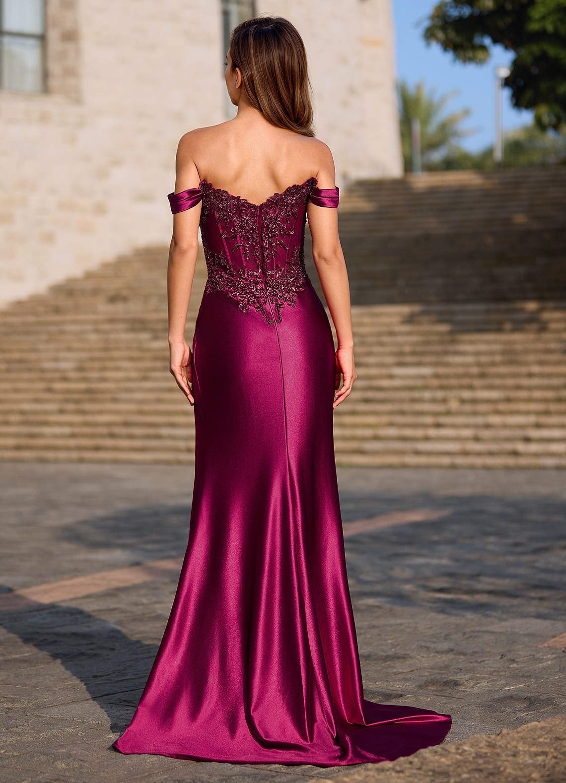 Opulence Mermaid Off-the-Shoulder Satin Evening Dress in Burgundy