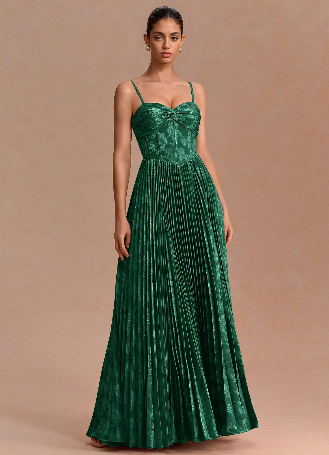 Delfina A-Line Twisted-Bust Fil Coupé Evening Dress in Hunter Green
