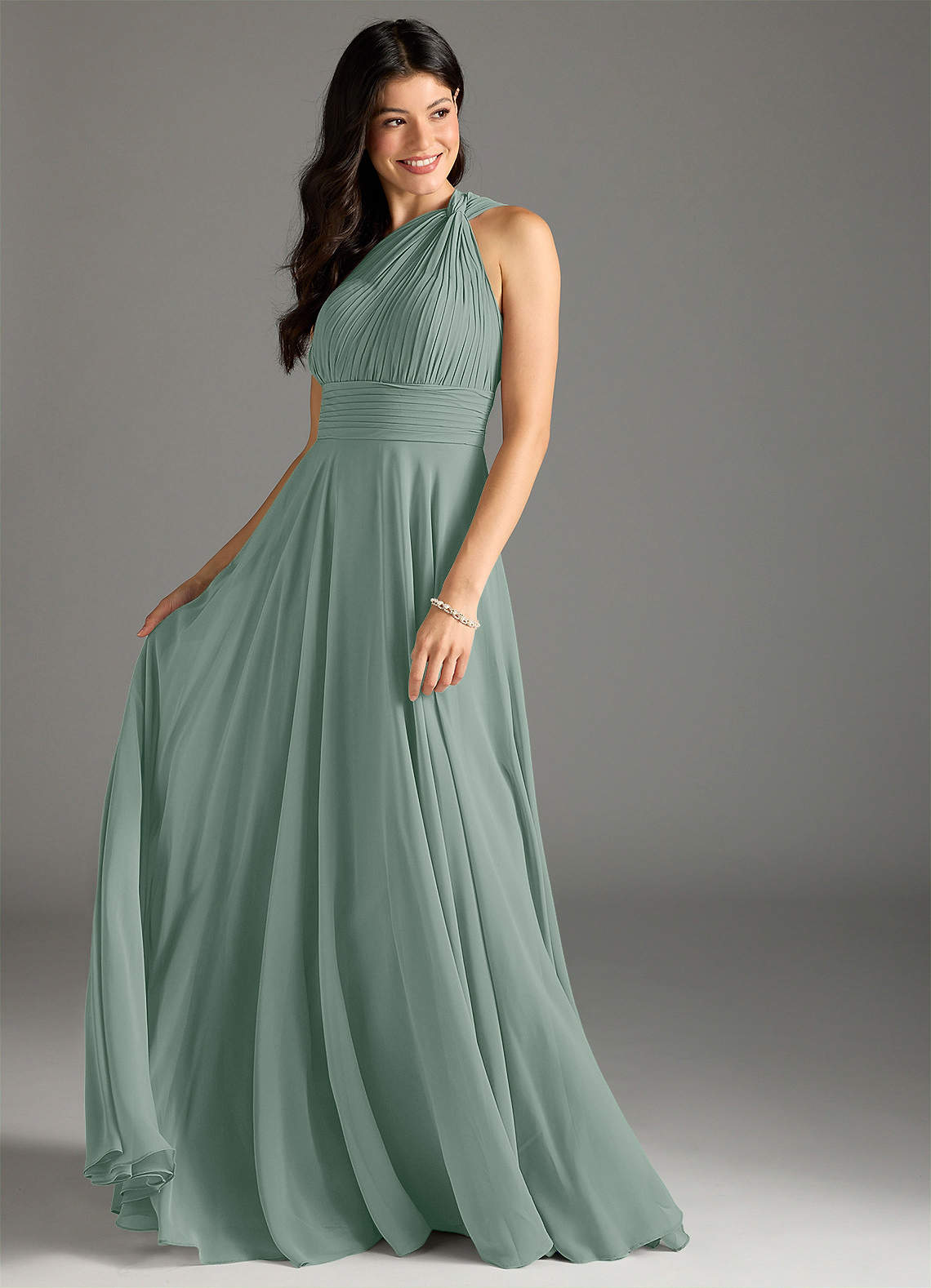 Charlize A-Line One-Shoulder Chiffon Bridesmaid Dress in Silver Sage